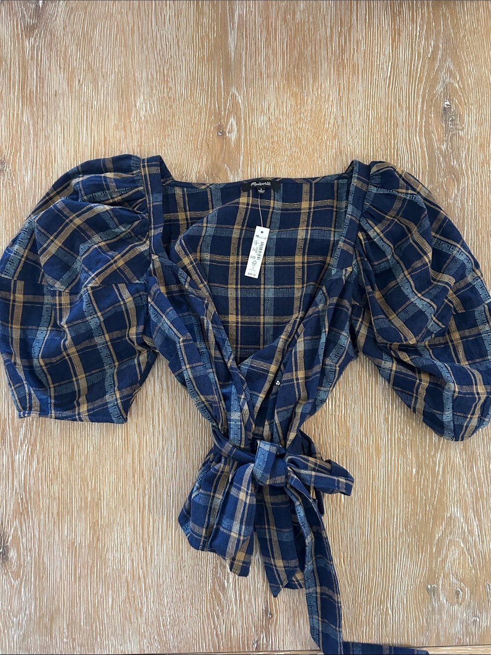 MADEWELL | Plaid Puff-Sleeve Wrap Top - Navy & Tan